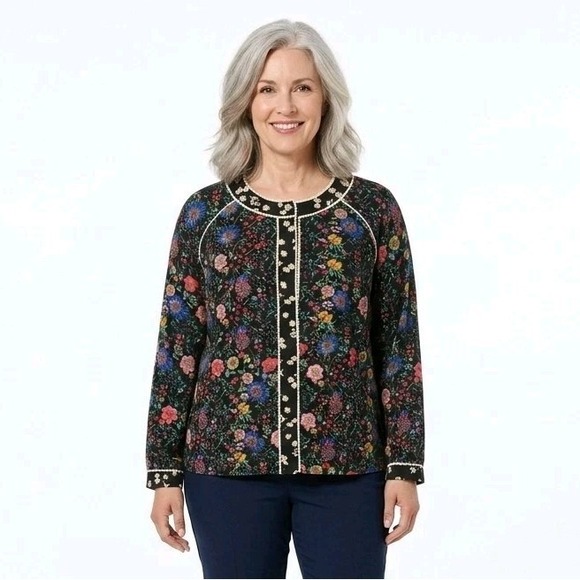 LOGO Lori Goldstein Jackets & Blazers - LOGO Lori Goldstein Floral‎ Button Front Jacket Black Multi Color Crochet Trim L